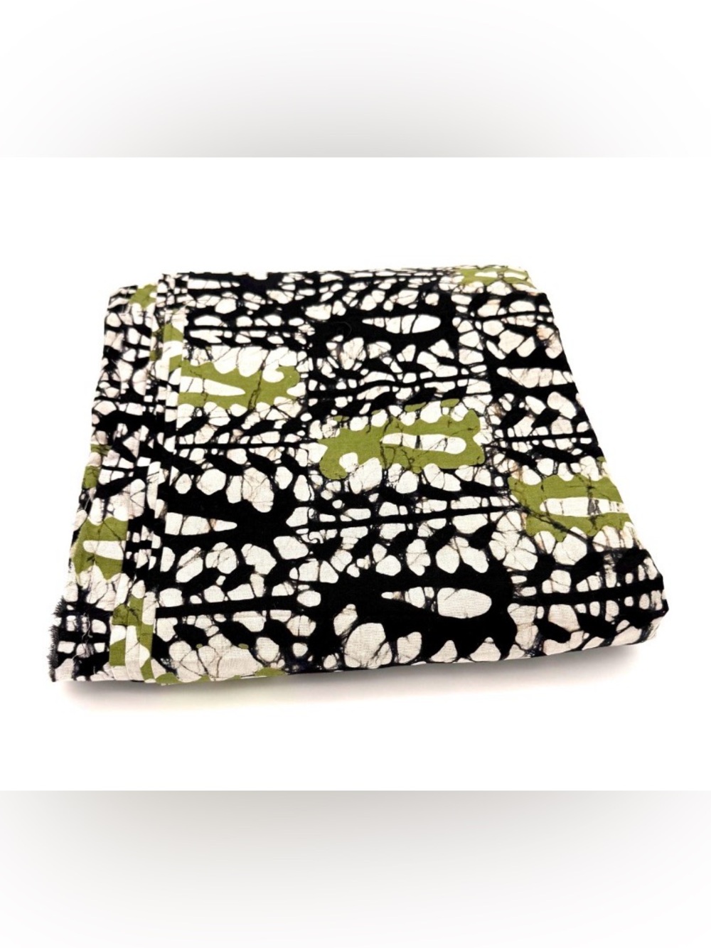 Hand Blocked Black, White & Olive Green Batik Cotton Cambric Fabric. 44” wide.